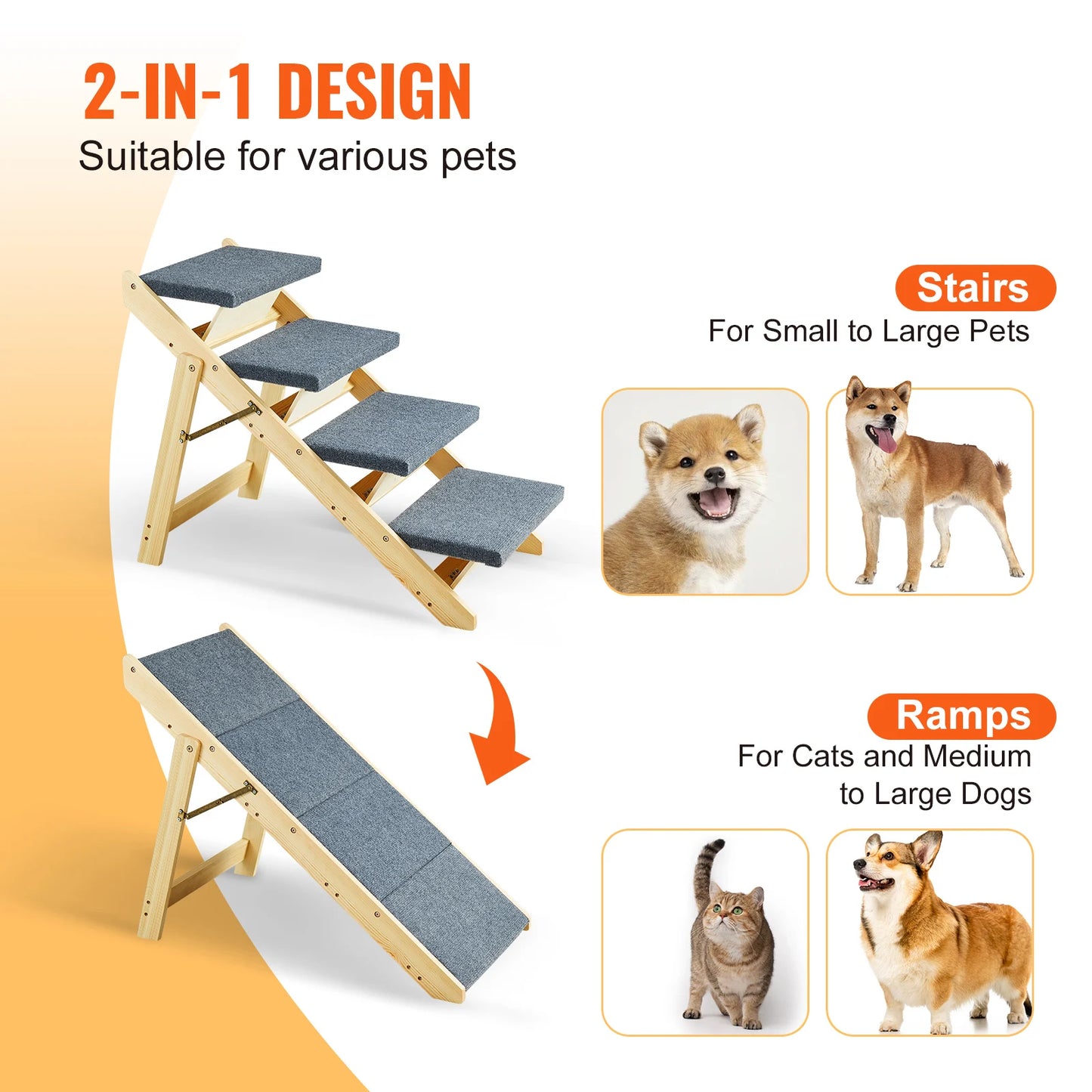 Wooden Pet Steps/Ramp Combo, Foldable, Fabric Covered
