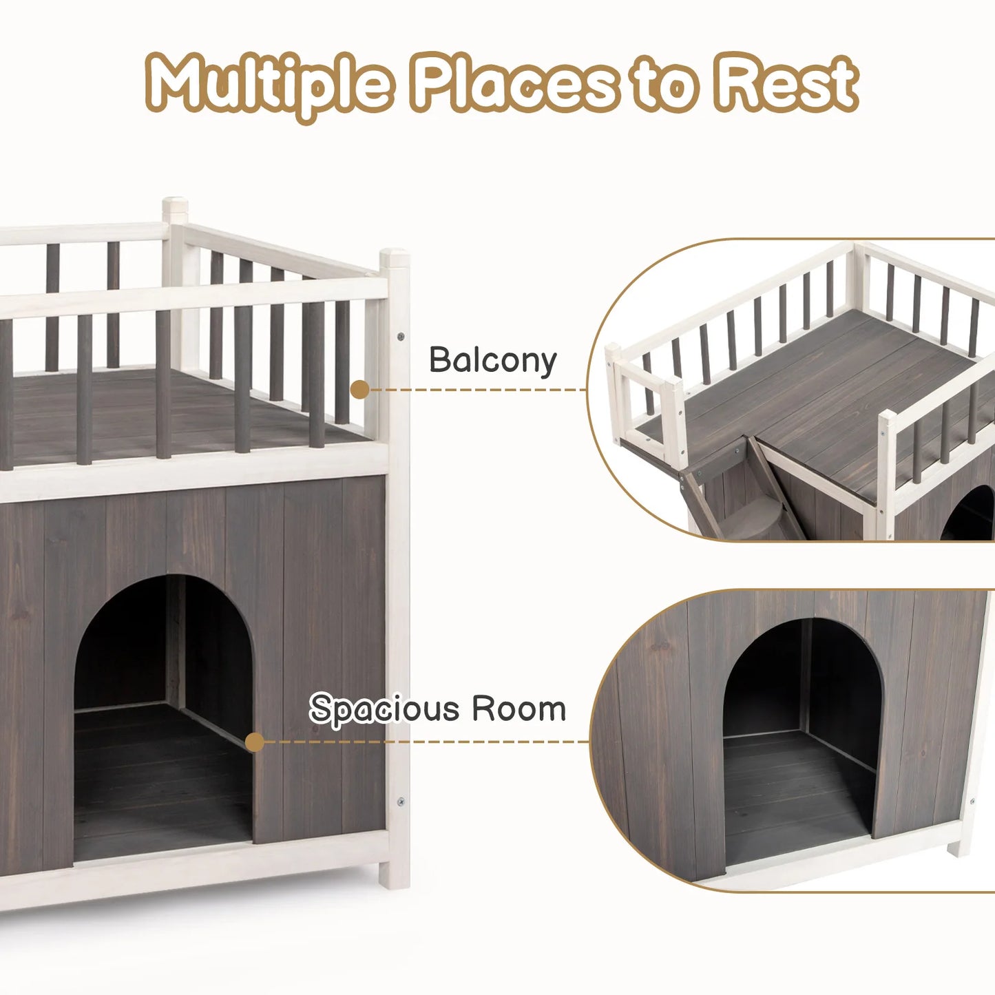 Large Luxury Cat Villa, 2-Story Wooden Feral Cat House, Dog House for Outdoor and Indoor, Pet House with Stairs, Grey & White