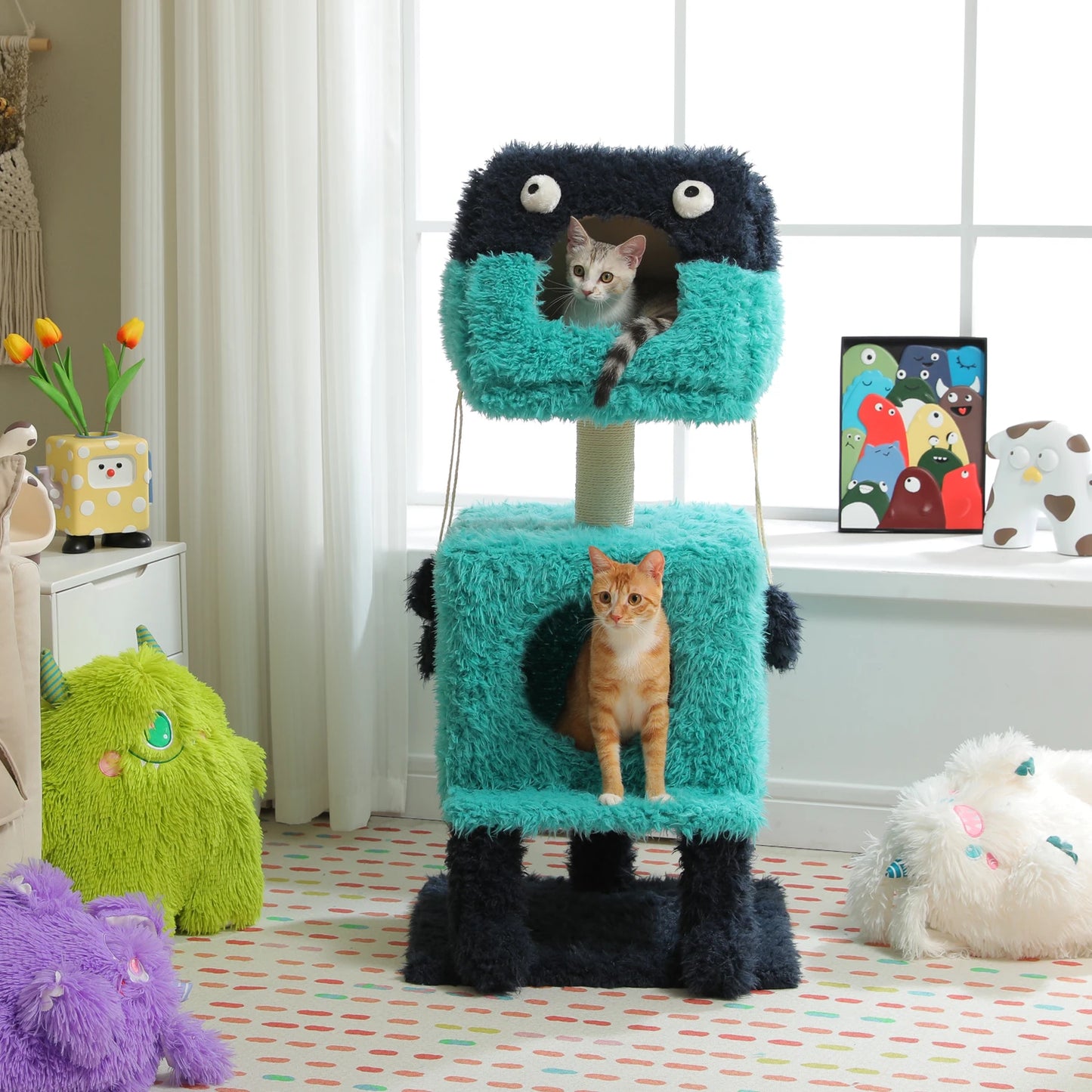 Monster Series Cute Cat Tree Tower, Plush Modeling with 2 Big Cat Condos, Cat Scratching Post with Plush Shoes, Strange Braids Toy