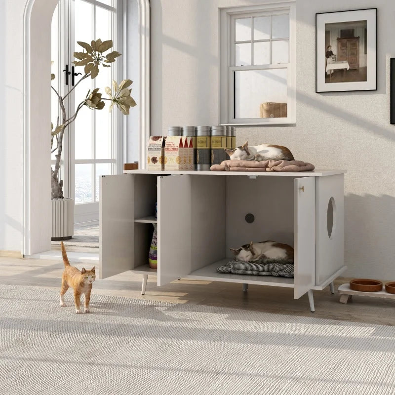 Litter Box Enclosure, Cat Litter Box, Furniture with Hidden Plug, 3 Doors, Indoor Cat Washroom, Storage Bench , White
