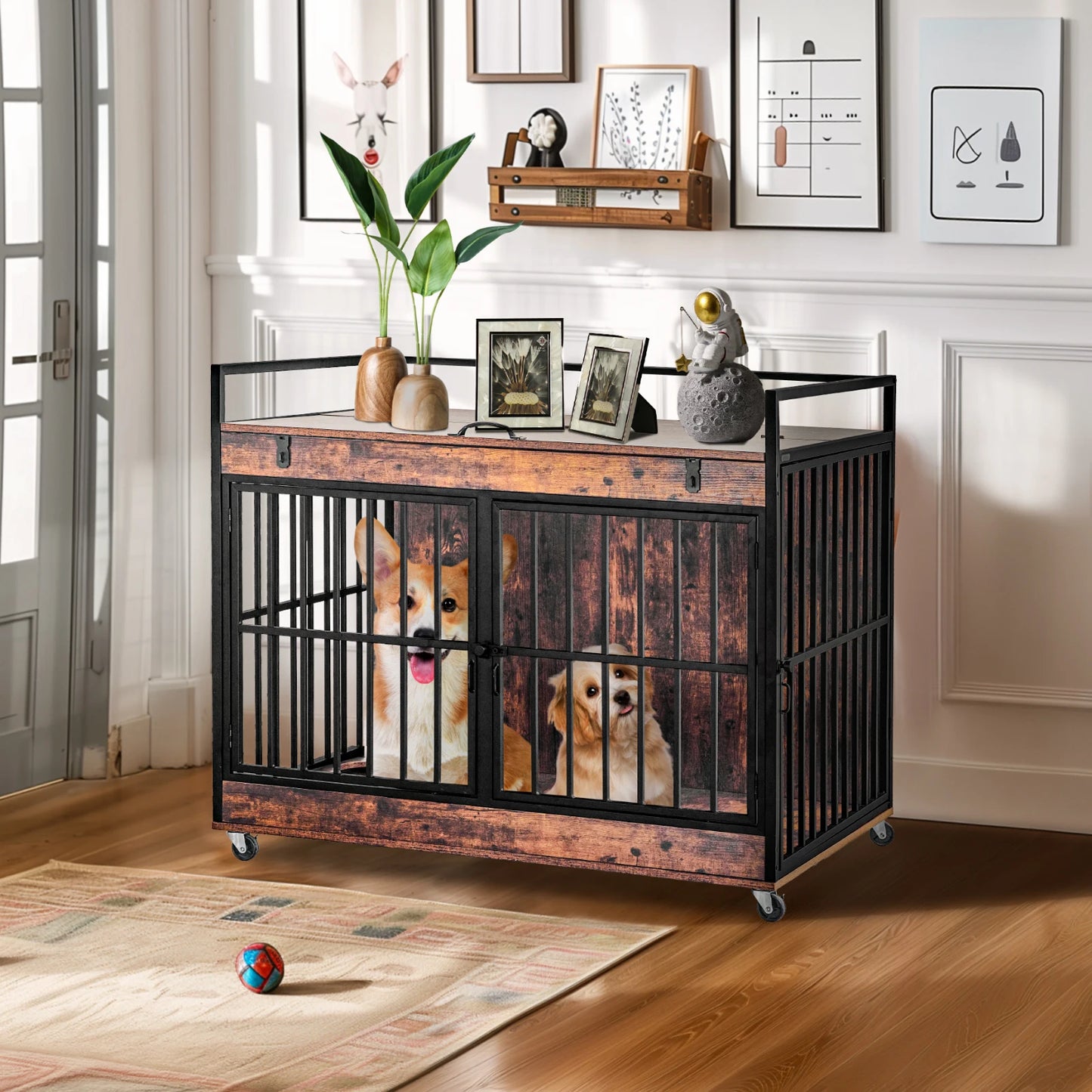 Dog Crate Furniture End Table, Dog Kennel Indoor, Heavy Duty Dog House w/ Wheels, Feeder Bowls Flip Top 43.7 x 30 x 37.8 in