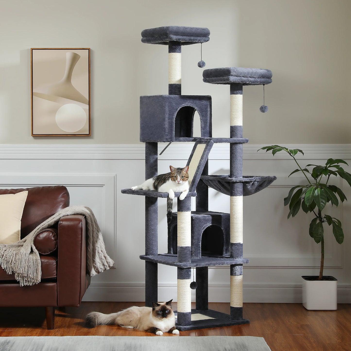 Deluxe 70in/180cm Multi-Level Cat Tree, Plush Condo, 6 Scratching Posts, Perches, Caves, Hammock, Pompoms, for Active Felines