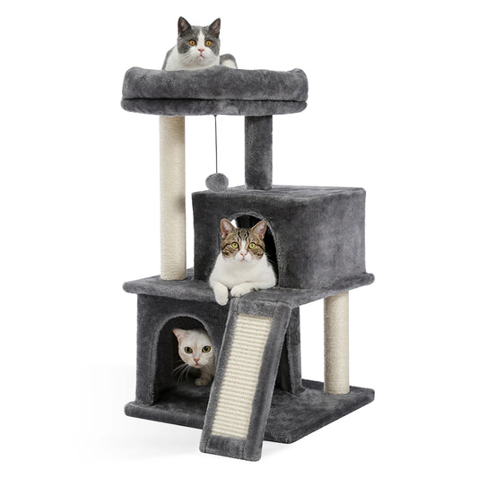 Small Tree Tower Cat with Scratching Pad, Two Large Condos, Cat Scratching Post, Indoor Kitten House, Two Colors
