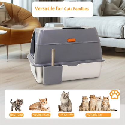 XXL Stainless Steel Cat Litter Box, Enclosed Puppy Cat Litter Tray with Lid Large, Litter Pan, High Wall Side, Easy Cleaning Toilet