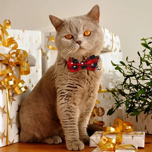 Christmas Snowflake Checker Bowknot Bell Cat Collar, Safety Buckle, Removable Pet Collar, Small Dog/Cat Christmas Bell Collar