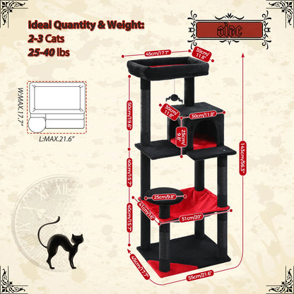 Gothic Cat Tree for Indoor Cats, Tall Cat Tower with Super Large Hammock, Sisal Covered Scratching Post, Cozy Condo Top Perch