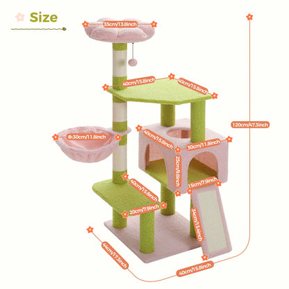 Multi-Level Flower Cat Tree Tower with Sisal Scratch Posts, Ramp, Top Perch and Fluffy Ball, for Small to Medium Indoor Cat.
