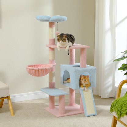 Multi-Level Flower Cat Tree Tower with Sisal Scratch Posts, Ramp, Top Perch and Fluffy Ball, for Small to Medium Indoor Cat.
