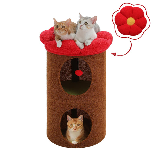 Double-Deck Cat House with Pompom Ball, Large Cat Condo, Cat Bed with Soft Flower Perch, Spacious Cozy Condo for Multi Cats