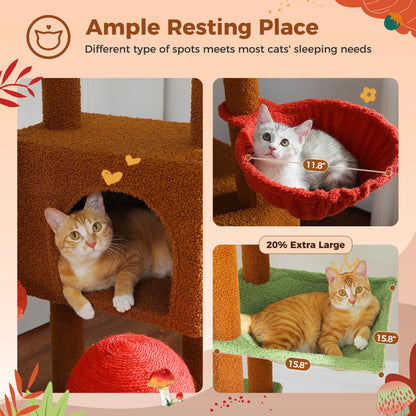 Adjustable Cat Tree, Floor to Ceiling Cat Condo, Hanging Ball, 5 Scratching Posts, Hammock, Ample Resting Place for Cats
