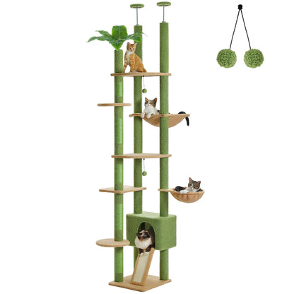 Adjustable Cat Tree, Floor to Ceiling Cat Condo, Hanging Ball, 5 Scratching Posts, Hammock, Ample Resting Place for Cats