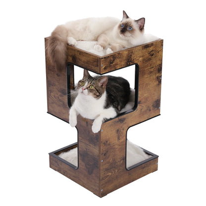 Wooden Cat Condo House with Plush Mats, Scratching Pad, Detachable Scratcher, Quality Furniture End Table Cat Condo