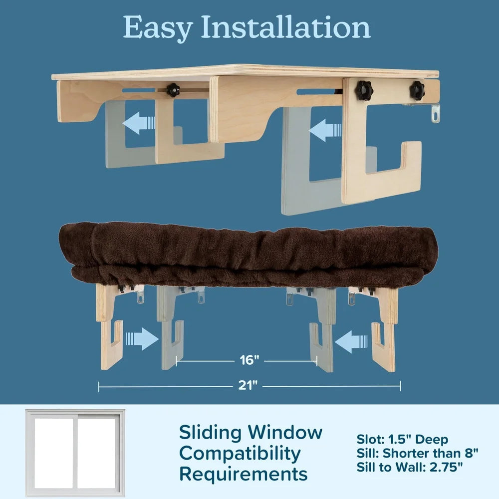 Cat Bed Windowsill Perch Hammock with Bolster, Easy Installation, Comfortable Wooden Frame, Durable Cat Shelf, Indoor Feline