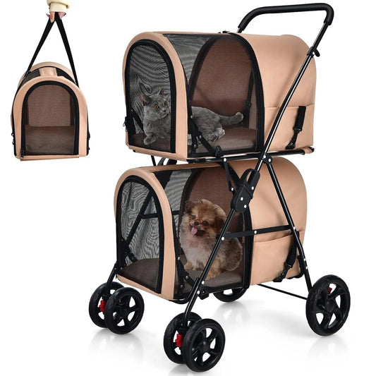 Double Pet Stroller with 2 Detachable Carrier Bags, Safety Belt, 4 Lockable Wheels Cat Stroller, Travel Carrier Strolling Cart