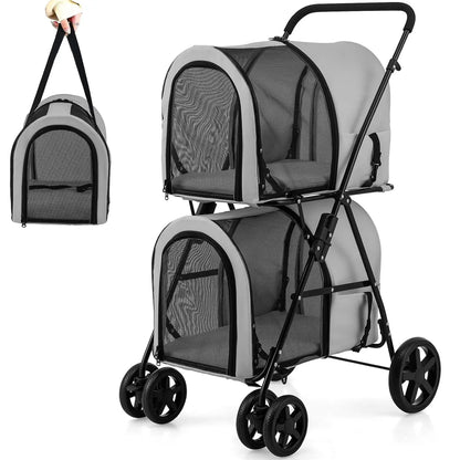 Double Pet Stroller with 2 Detachable Carrier Bags, Safety Belt, 4 Lockable Wheels Cat Stroller, Travel Carrier Strolling Cart