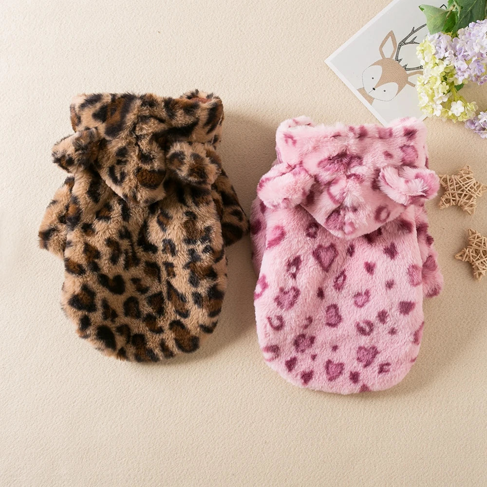 Fleece Dog Hoodie, Winter Warm Pet Dog Clothes, Leopard Print Dog Coat, Jacket French Bulldog, Clothing for Small Dogs, Pet Costumes