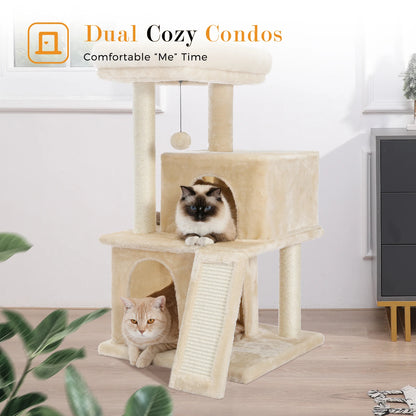 Small Tree Tower Cat with Scratching Pad, Two Large Condos, Cat Scratching Post, Indoor Kitten House, Two Colors