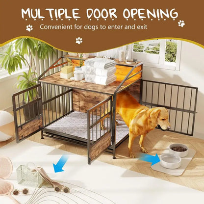 Multi-Function Wooden Dog Crate with Storage, Multiple Door Kennel for Large/Medium Dogs, Indoor Use, Brown Finish