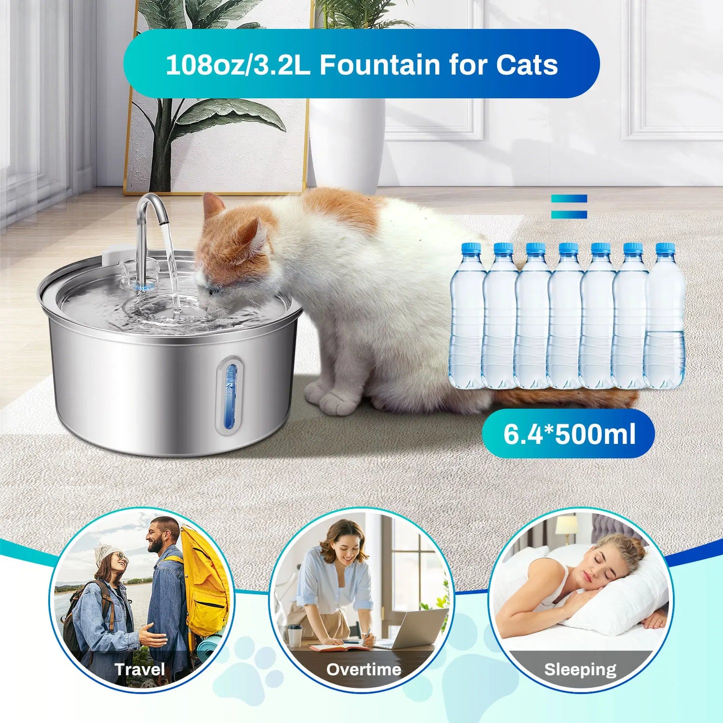 Cat Water Fountain Stainless Steel, 108oz/3.2L Pet Water Fountain With Ultra Quiet Pump, Filtration System, Water Level Window
