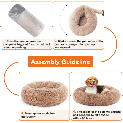 Calming Dog Bed for Small to Medium Dogs, Washable Pet Bed Anti-Slip, Round Fluffy Plush Dog Bed