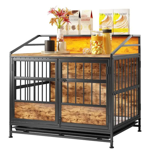 Multi-Function Wooden Dog Crate with Storage, Multiple Door Kennel for Large/Medium Dogs, Indoor Use, Brown Finish