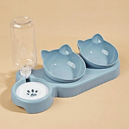 Pet Bowls With Water Feeder, 3 In 1 Ear Design Tilted Cat Water And Food Bowls, Set With Gravity Water Bottle For Neck Protection