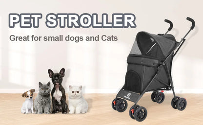 Pet Dog Stroller, 4 Wheels Puppy Stroller, Wheels Rotate with Brakes, Storage for Dogs Cats Travel, Pet Supplies Outdoor