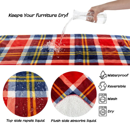 Waterproof Reversible Pet Blanket, Furniture Protector, Soft Sherpa Plaid Throw, Machine Washable, Dogs Cats Travel Home