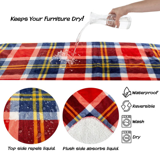 Waterproof Reversible Pet Blanket, Furniture Protector, Soft Sherpa Plaid Throw, Machine Washable, Dogs Cats Travel Home