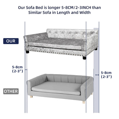 Deluxe Dog Couch Bed, Silver Dutch Velvet Upholstered Sofa Bed, Removable Cushion, for Medium to Large Dogs