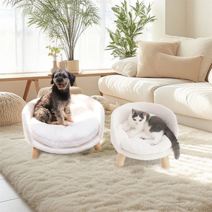 Luxury Cat Bed, Soft Warm Plush Fabric, Pet Nesting Chair, Bed Stool, Wood Legs with Cushion Pad, Washable Waterproof for Small Pets
