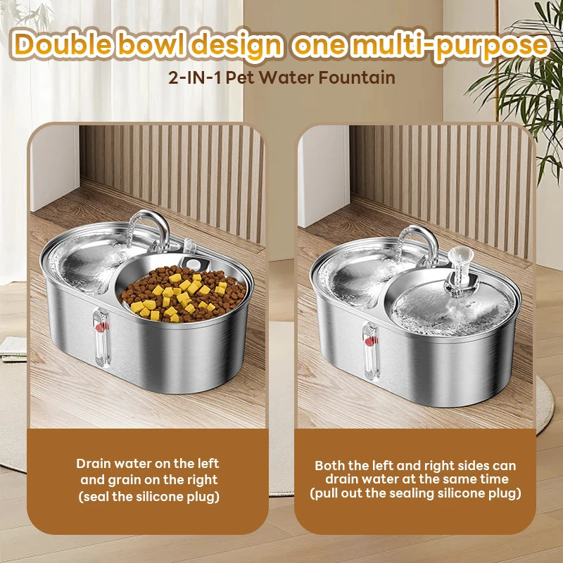 Stainless Steel Pet Water Fountain, 0.8 GAL 2-IN-1 Automatic,  Water Level Marker, Suitable For Dogs Cats And Multiple Pets