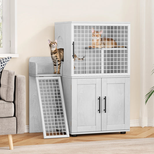 Cat Litter Box Enclosure with Platform, Double Layer Cat Litter, Hidden Furniture, Modern Villa Cat Cabinet with Ladder For Cat