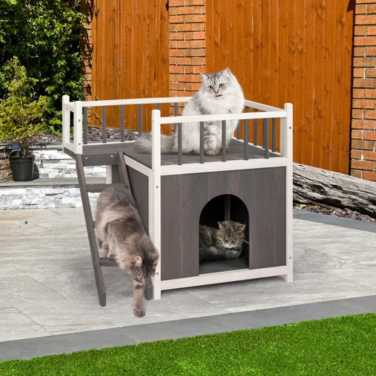 Large Luxury Cat Villa, 2-Story Wooden Feral Cat House, Dog House for Outdoor and Indoor, Pet House with Stairs, Grey & White