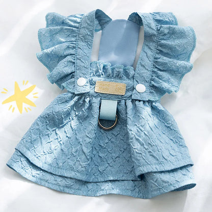 Denim Dog Dresses for Small Dogs, Puppy Girl Clothes, Leash Ring, Flying Sleeves, Summer Cat Apparel Blue, Chihuahua Outfits