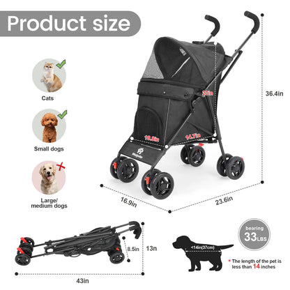 Pet Dog Stroller, 4 Wheels Puppy Stroller, Wheels Rotate with Brakes, Storage for Dogs Cats Travel, Pet Supplies Outdoor