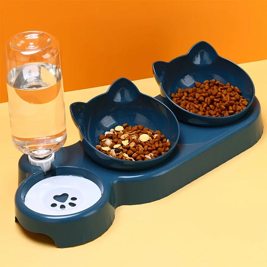 Pet Bowls With Water Feeder, 3 In 1 Ear Design Tilted Cat Water And Food Bowls, Set With Gravity Water Bottle For Neck Protection