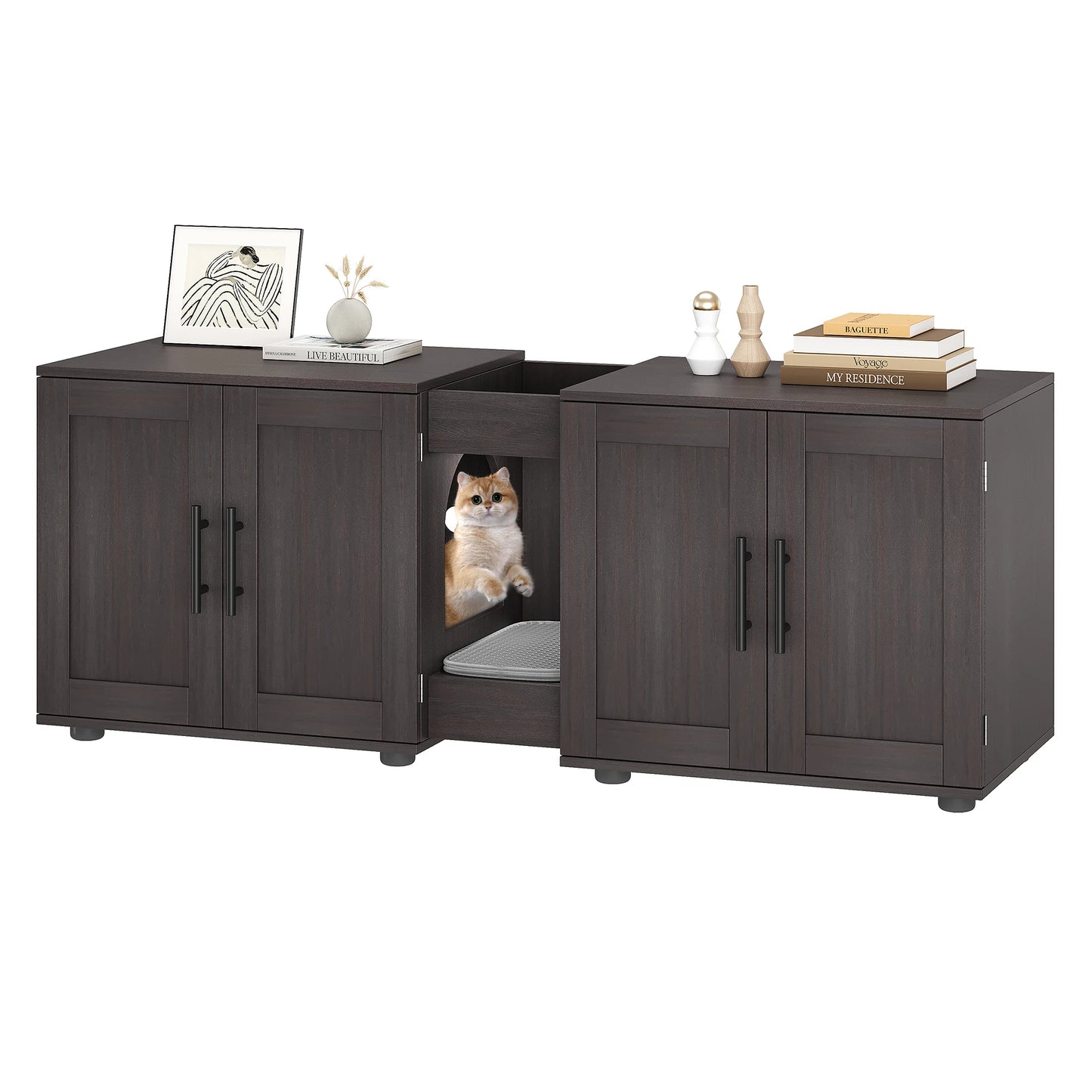 Double-Room Cat Litter Box Enclosure, Furniture for 2 Cats, Wooden Design, Discreet Home Decor Solution, With Integrated Storage