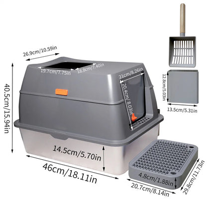XXL Stainless Steel Cat Litter Box, Enclosed Puppy Cat Litter Tray with Lid Large, Litter Pan, High Wall Side, Easy Cleaning Toilet