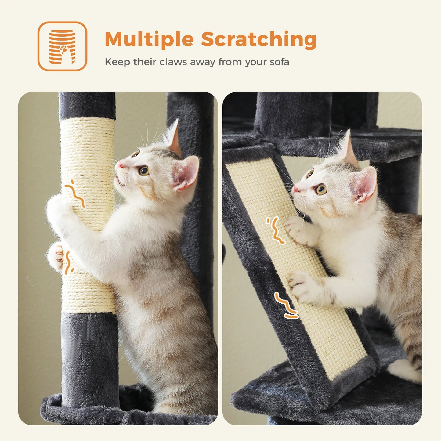 Tall Cat Tree for Large Cat with Large Hammock, Multi-Level Cat Tower with 2 Spacious Condos, Sisal Scratching Posts, Cat Toys