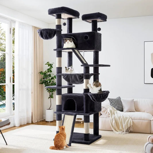 81 Inches Tall Cat Tree/Multi-Level, Large Climbing Tree House and Towers for Big Feline/Condo and Hammock/Dark Grey