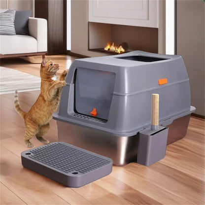 XXL Stainless Steel Cat Litter Box, Enclosed Puppy Cat Litter Tray with Lid Large, Litter Pan, High Wall Side, Easy Cleaning Toilet