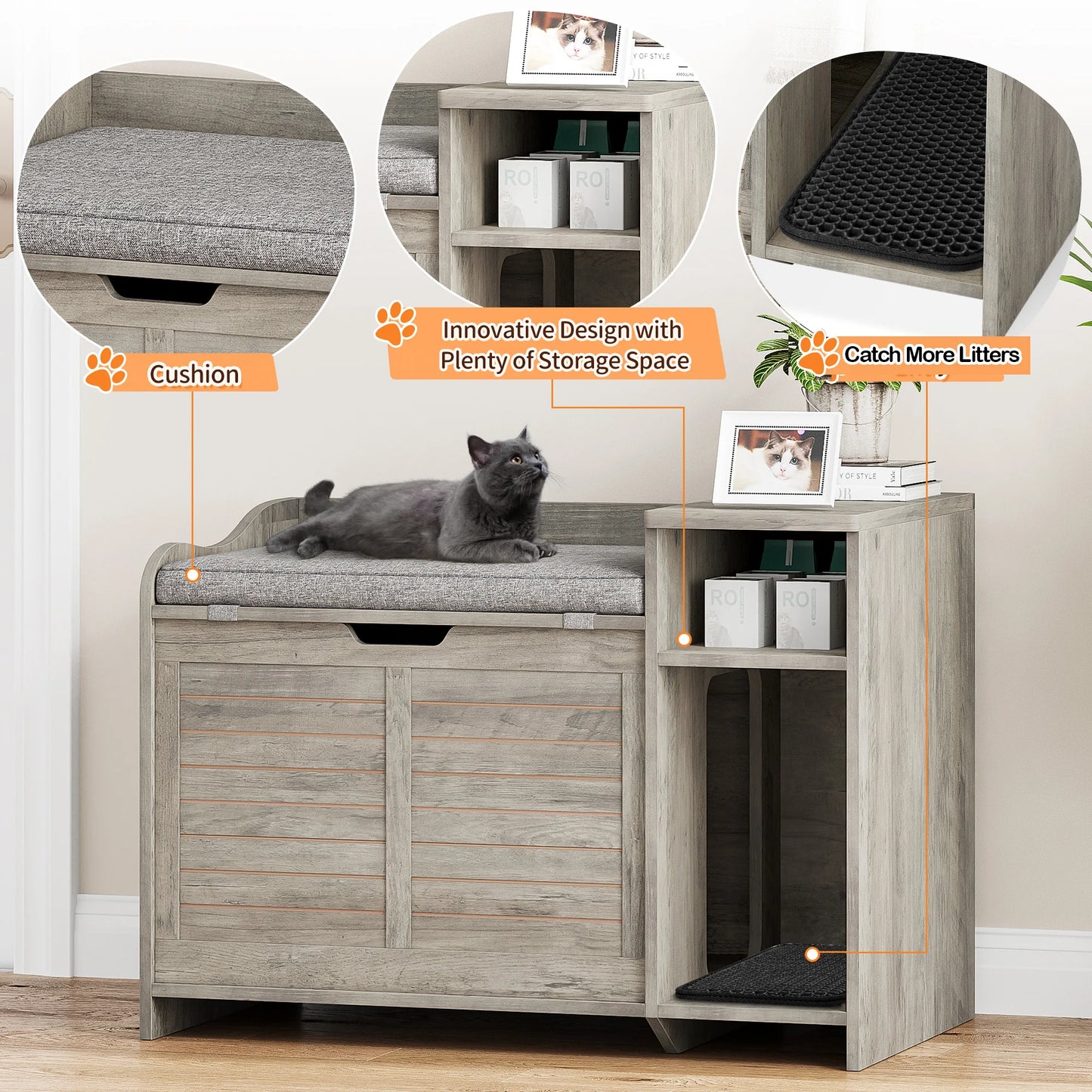 Hidden Cat Litter Box, Wood Enclosure, Pet Crate with Cat Scratch Pad
