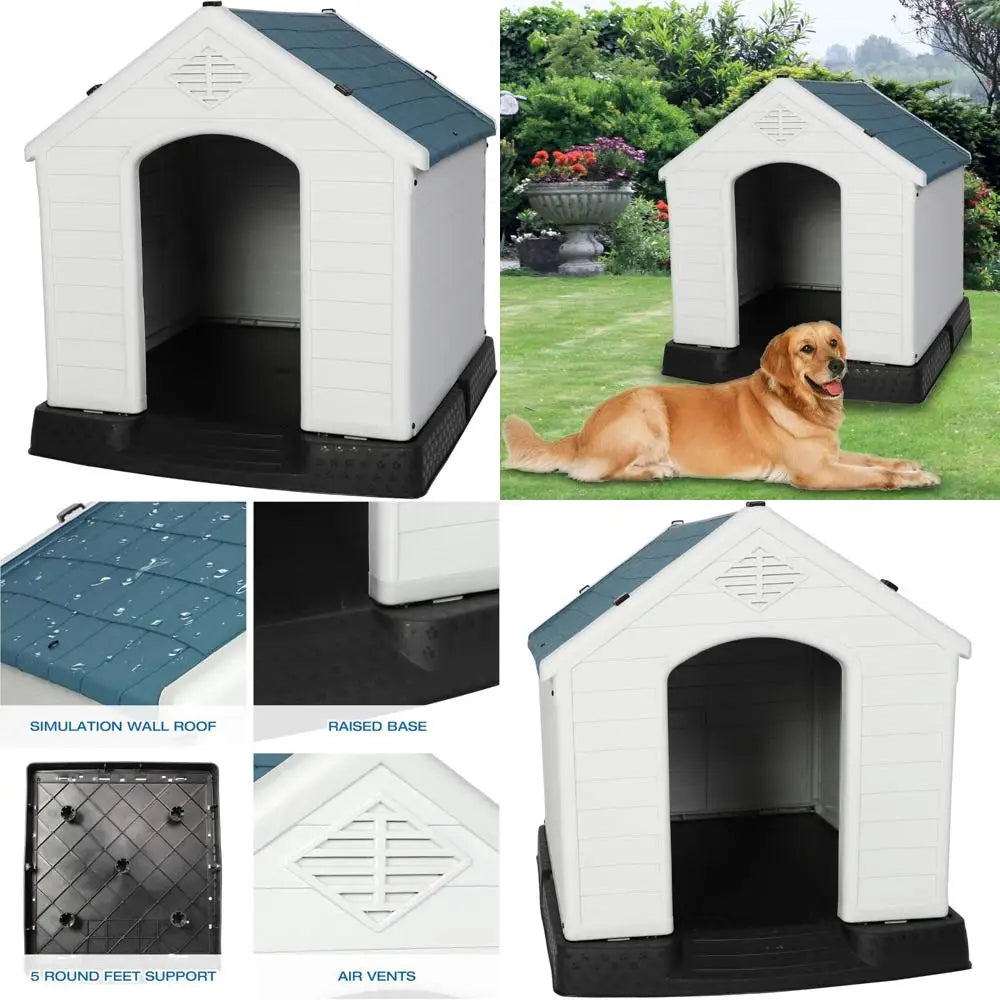 Weatherproof Plastic Dog House, Elevated Floor, For Small, Medium, and Large Dogs