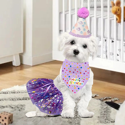 Cute Dog Birthday Costume Set, Adorable Party Hat, Matching Skirt and Scarf, Indoor and Outdoor Pet Celebrations