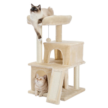 Small Tree Tower Cat with Scratching Pad, Two Large Condos, Cat Scratching Post, Indoor Kitten House, Two Colors