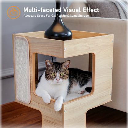 Wooden Cat Condo House with Plush Mats, Scratching Pad, Detachable Scratcher, Quality Furniture End Table Cat Condo