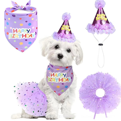 Cute Dog Birthday Costume Set, Adorable Party Hat, Matching Skirt and Scarf, Indoor and Outdoor Pet Celebrations