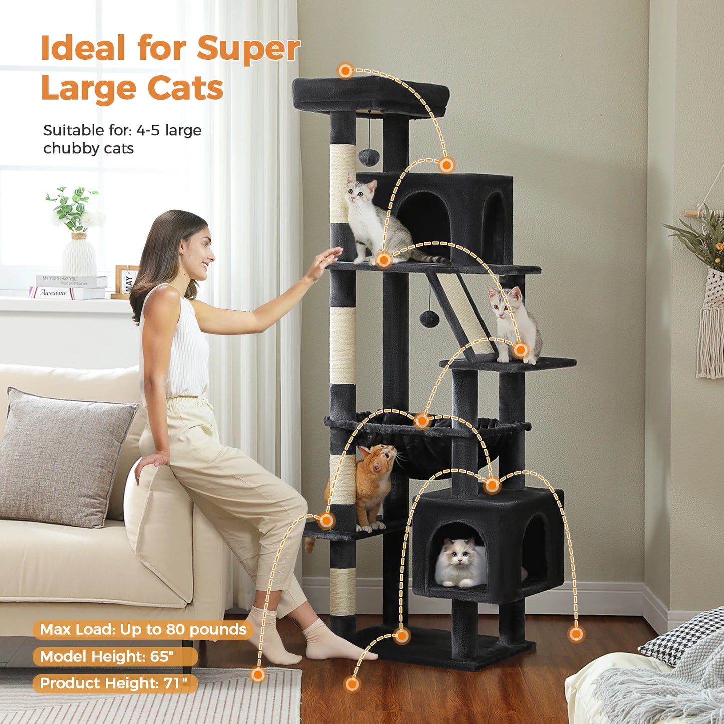 Tall Cat Tree for Large Cat with Large Hammock, Multi-Level Cat Tower with 2 Spacious Condos, Sisal Scratching Posts, Cat Toys
