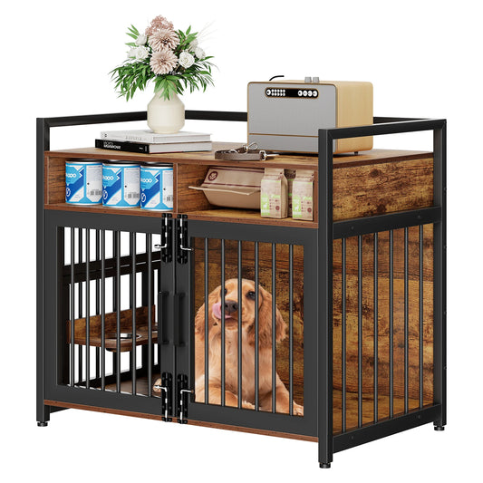 41/48 Inch Wooden Dog Crate Furniture, with Storage Drawers, Adjustable Raised Feeder, Indoor Pet House for Large & Medium Dogs